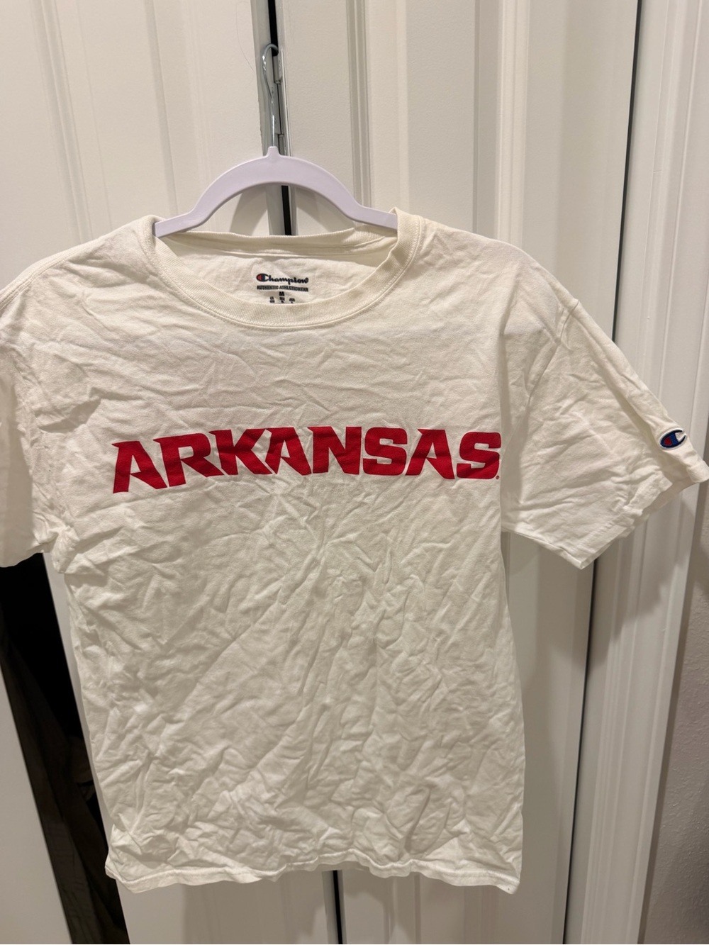 Champion White Tee with Red Script and Red Logo Accent